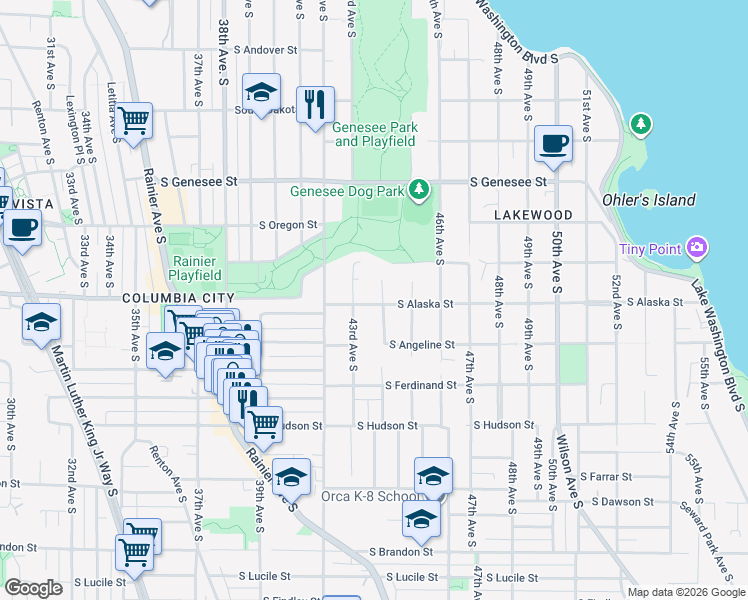 map of restaurants, bars, coffee shops, grocery stores, and more near 4319 South Alaska Street in Seattle