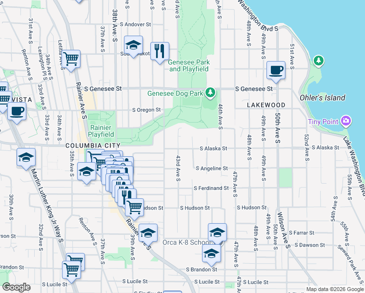 map of restaurants, bars, coffee shops, grocery stores, and more near 4319 South Alaska Street in Seattle