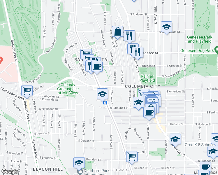 map of restaurants, bars, coffee shops, grocery stores, and more near 4705 32nd Avenue South in Seattle