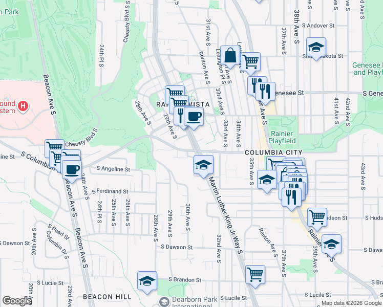 map of restaurants, bars, coffee shops, grocery stores, and more near 4701 Martin Luther King Junior Way South in Seattle