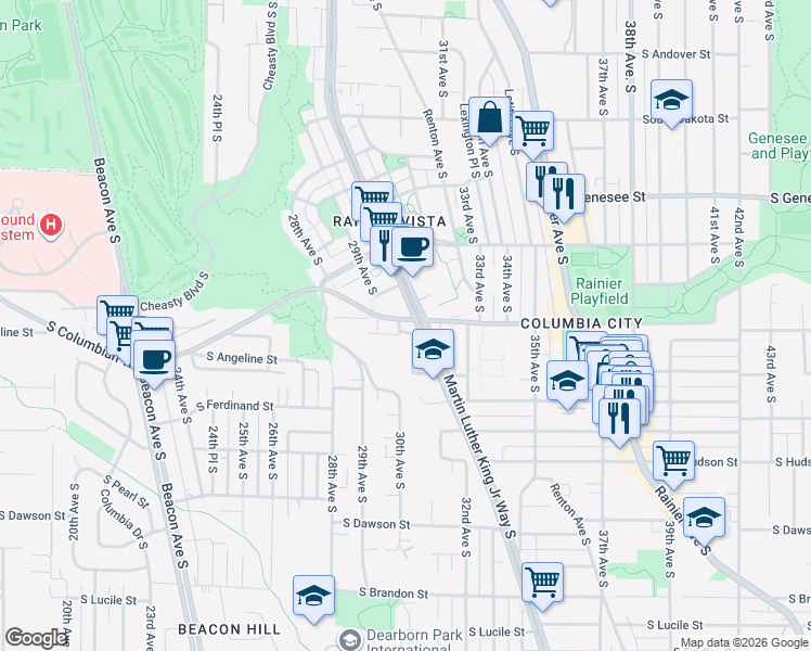 map of restaurants, bars, coffee shops, grocery stores, and more near 4701 Martin Luther King Junior Way South in Seattle