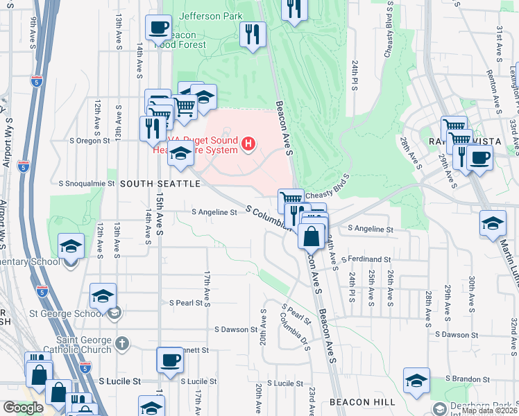 map of restaurants, bars, coffee shops, grocery stores, and more near 2002 South Columbian Way in Seattle