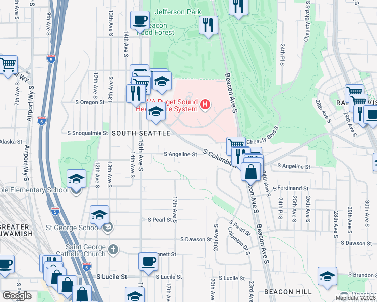 map of restaurants, bars, coffee shops, grocery stores, and more near 1703 South Angeline Street in Seattle