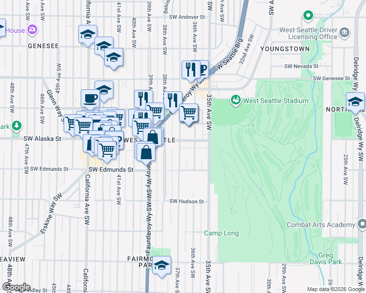 map of restaurants, bars, coffee shops, grocery stores, and more near 4717 37th Avenue Southwest in Seattle