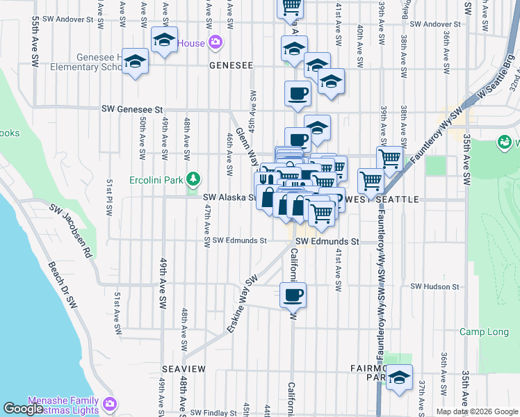 map of restaurants, bars, coffee shops, grocery stores, and more near 4716 45th Avenue Southwest in Seattle