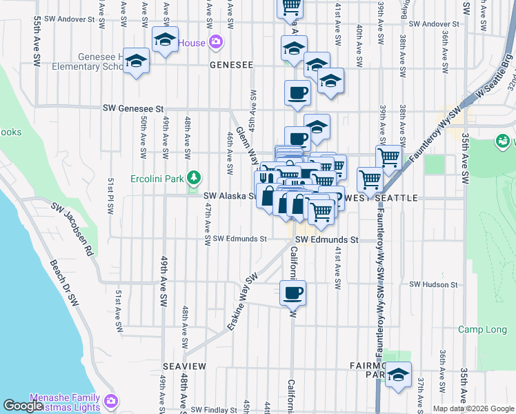 map of restaurants, bars, coffee shops, grocery stores, and more near 4716 45th Avenue Southwest in Seattle