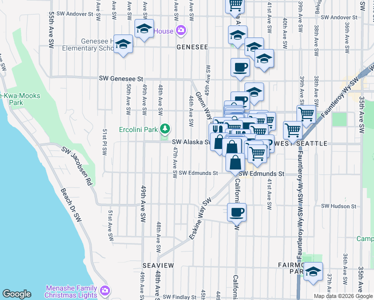 map of restaurants, bars, coffee shops, grocery stores, and more near 4721 46th Avenue Southwest in Seattle