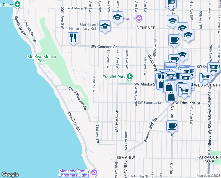 map of restaurants, bars, coffee shops, grocery stores, and more near 4723 49th Avenue Southwest in Seattle