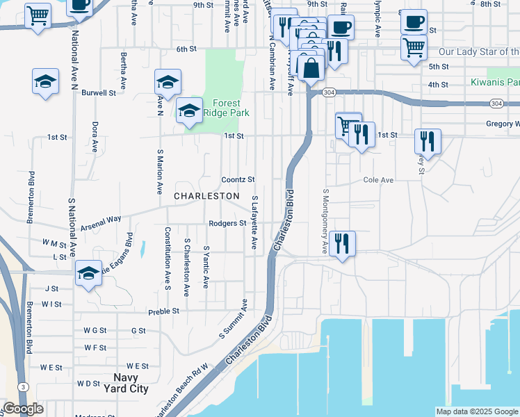 map of restaurants, bars, coffee shops, grocery stores, and more near in Bremerton