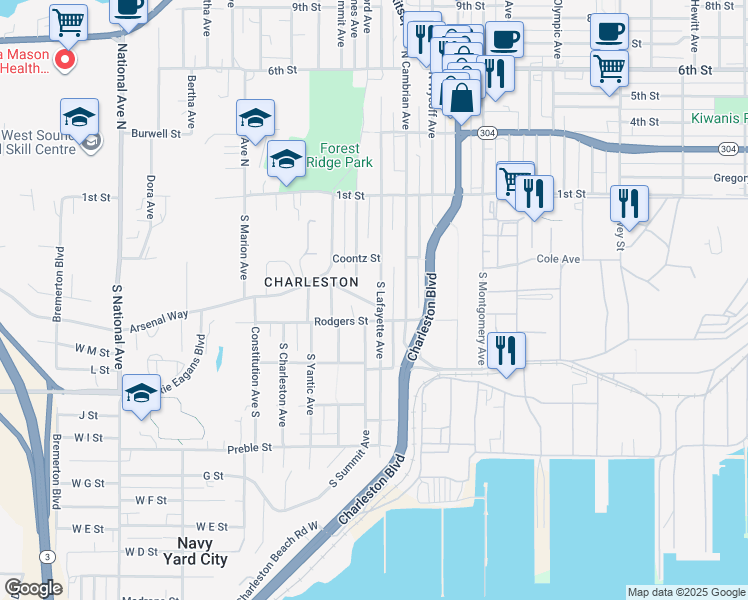map of restaurants, bars, coffee shops, grocery stores, and more near in Bremerton
