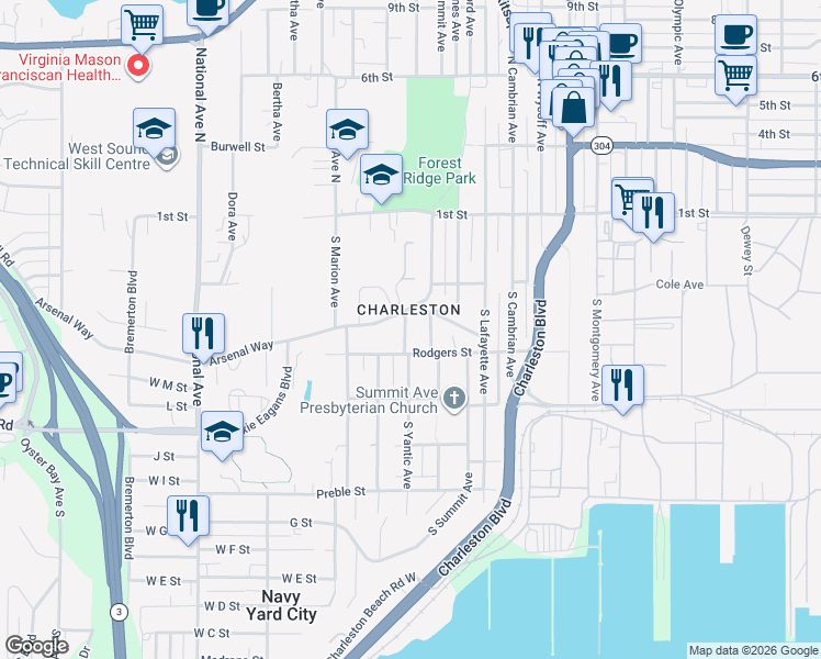 map of restaurants, bars, coffee shops, grocery stores, and more near 234 South Yantic Avenue in Bremerton