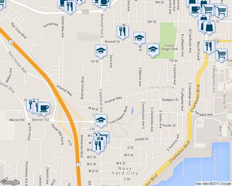 map of restaurants, bars, coffee shops, grocery stores, and more near 3704 Arsenal Way in Bremerton