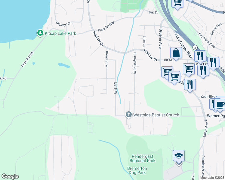 map of restaurants, bars, coffee shops, grocery stores, and more near 281 Ida Street West in Bremerton