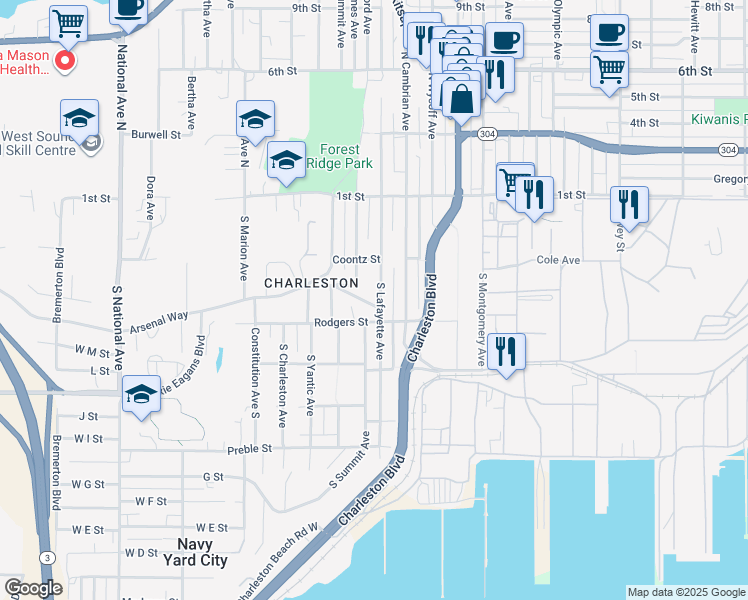 map of restaurants, bars, coffee shops, grocery stores, and more near in Bremerton