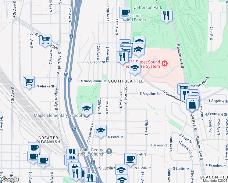 map of restaurants, bars, coffee shops, grocery stores, and more near 4645 14th Avenue South in Seattle