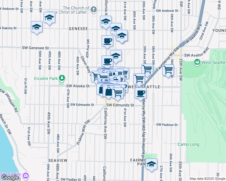 map of restaurants, bars, coffee shops, grocery stores, and more near 4715 42nd Avenue Southwest in Seattle