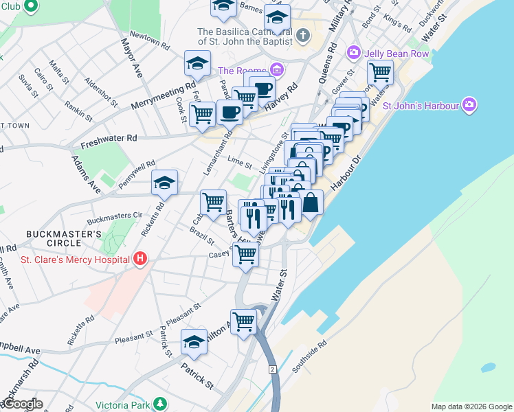 map of restaurants, bars, coffee shops, grocery stores, and more near 50 New Gower Street in St. John's