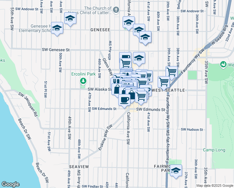 map of restaurants, bars, coffee shops, grocery stores, and more near 4712 44th Avenue Southwest in Seattle