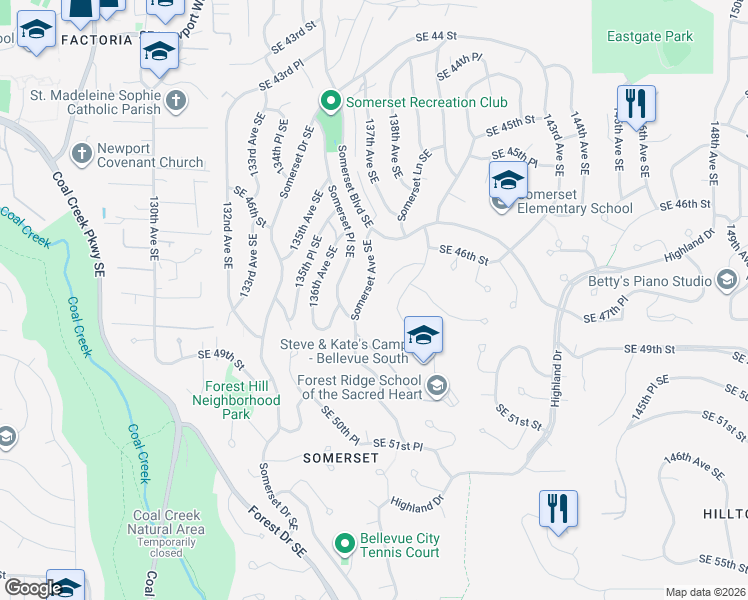 map of restaurants, bars, coffee shops, grocery stores, and more near 4731 139th Avenue Southeast in Bellevue