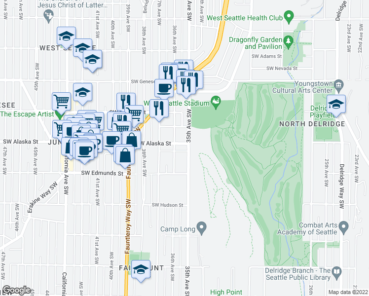 map of restaurants, bars, coffee shops, grocery stores, and more near 4717 35th Avenue Southwest in Seattle