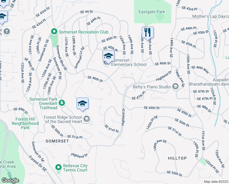 map of restaurants, bars, coffee shops, grocery stores, and more near 4630 142nd Place Southeast in Bellevue