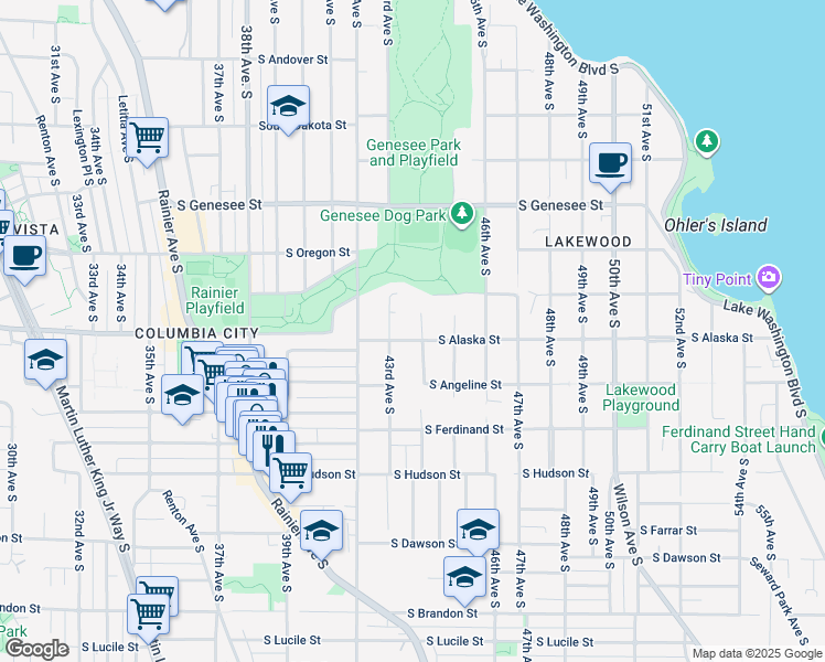 map of restaurants, bars, coffee shops, grocery stores, and more near 4319 South Alaska Street in Seattle