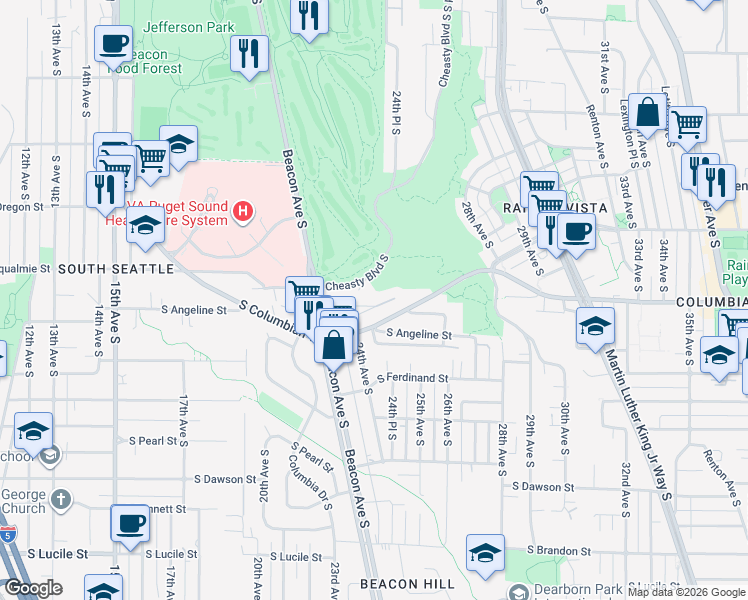 map of restaurants, bars, coffee shops, grocery stores, and more near 2420 South Columbian Way in Seattle