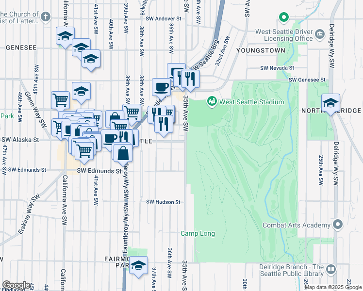 map of restaurants, bars, coffee shops, grocery stores, and more near 4717 35th Avenue Southwest in Seattle