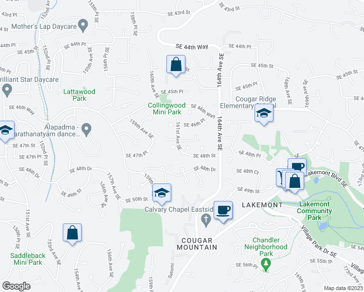 map of restaurants, bars, coffee shops, grocery stores, and more near 4714 161st Avenue Southeast in Bellevue