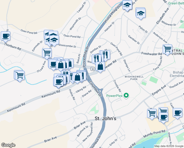 map of restaurants, bars, coffee shops, grocery stores, and more near 1 Kenmount Road in St. John's