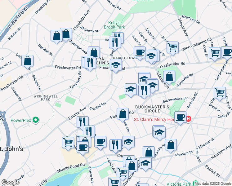 map of restaurants, bars, coffee shops, grocery stores, and more near 47 Grenfell Avenue in St. John's