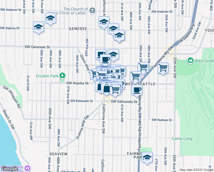map of restaurants, bars, coffee shops, grocery stores, and more near 4700 California Avenue Southwest in Seattle