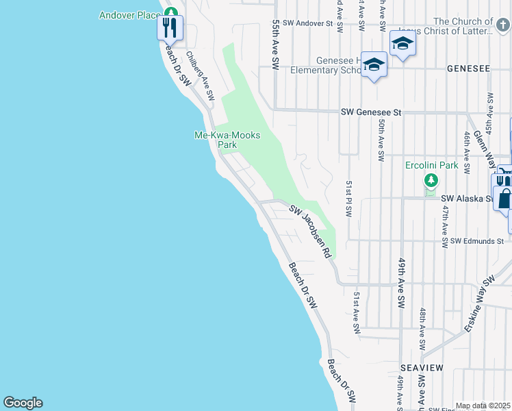 map of restaurants, bars, coffee shops, grocery stores, and more near 4715 Beach Drive Southwest in Seattle