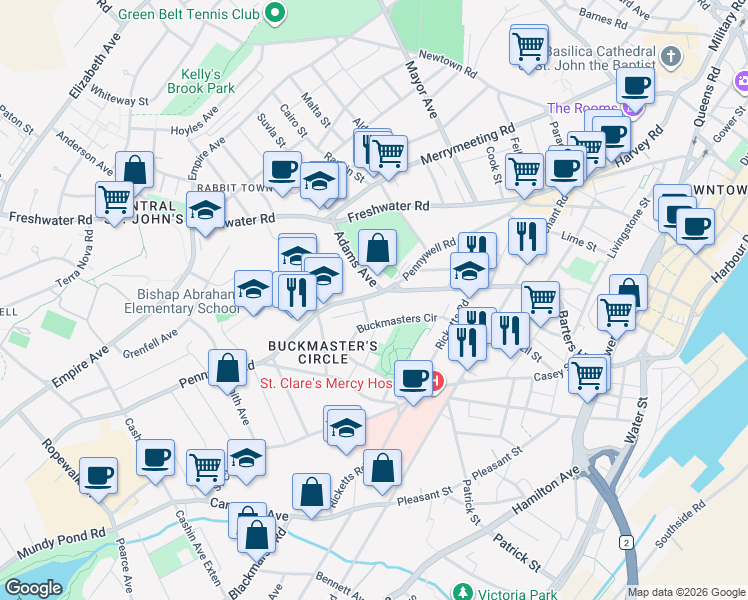 map of restaurants, bars, coffee shops, grocery stores, and more near 157 Pennywell Road in St. John's
