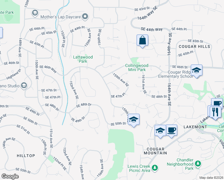map of restaurants, bars, coffee shops, grocery stores, and more near 4729 158th Avenue Southeast in Bellevue