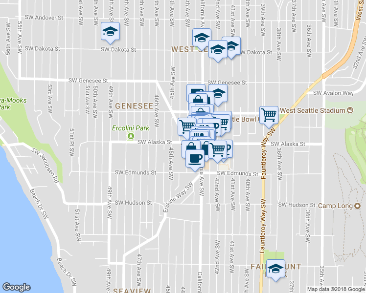 map of restaurants, bars, coffee shops, grocery stores, and more near 4712 44th Avenue Southwest in Seattle
