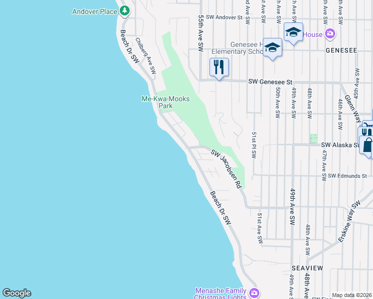 map of restaurants, bars, coffee shops, grocery stores, and more near 4715 Beach Drive Southwest in Seattle