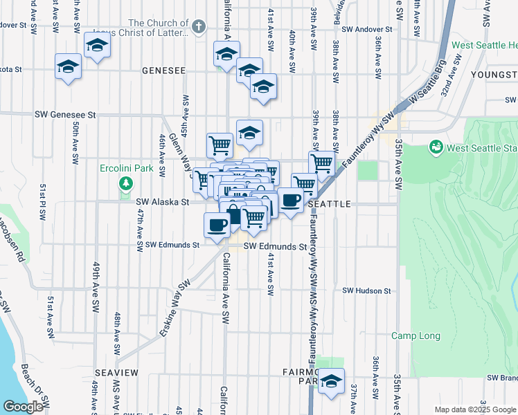 map of restaurants, bars, coffee shops, grocery stores, and more near 4704 42nd Avenue Southwest in Seattle