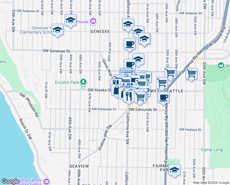 map of restaurants, bars, coffee shops, grocery stores, and more near 4407 Southwest Alaska Street in Seattle