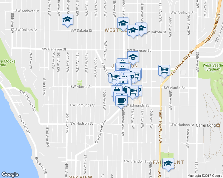 map of restaurants, bars, coffee shops, grocery stores, and more near 4407 Southwest Alaska Street in Seattle
