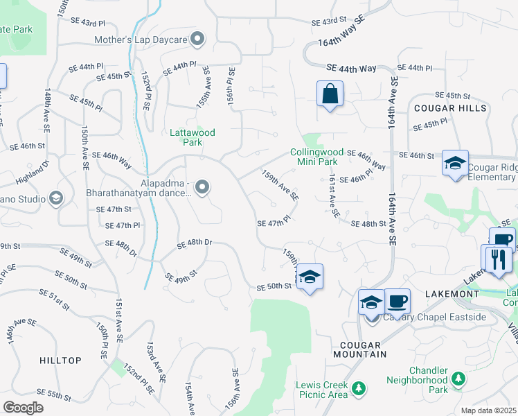 map of restaurants, bars, coffee shops, grocery stores, and more near 4729 158th Avenue Southeast in Bellevue