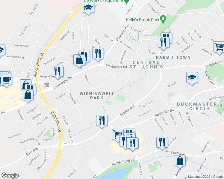 map of restaurants, bars, coffee shops, grocery stores, and more near 42 Terra Nova Road in Saint John's