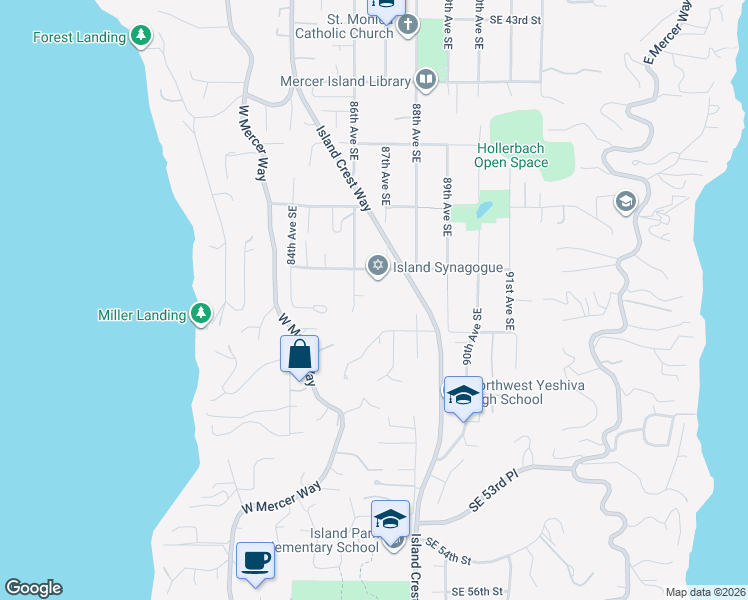 map of restaurants, bars, coffee shops, grocery stores, and more near 8730 Southeast 48th Street in Mercer Island