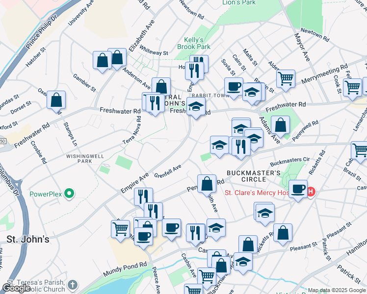 map of restaurants, bars, coffee shops, grocery stores, and more near 271 Empire Avenue in St. John's