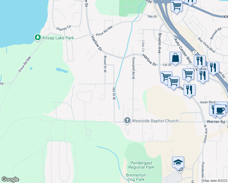 map of restaurants, bars, coffee shops, grocery stores, and more near 288 Ida Street West in Bremerton