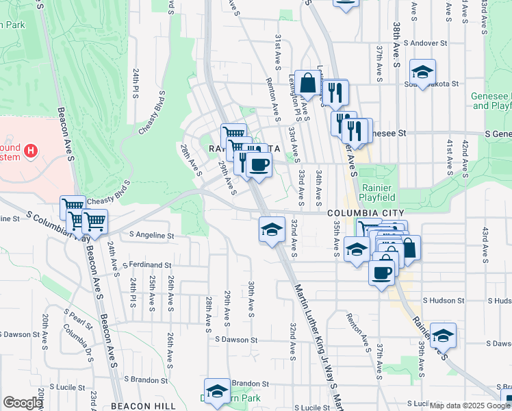 map of restaurants, bars, coffee shops, grocery stores, and more near 4689 Martin Luther King Junior Way South in Seattle