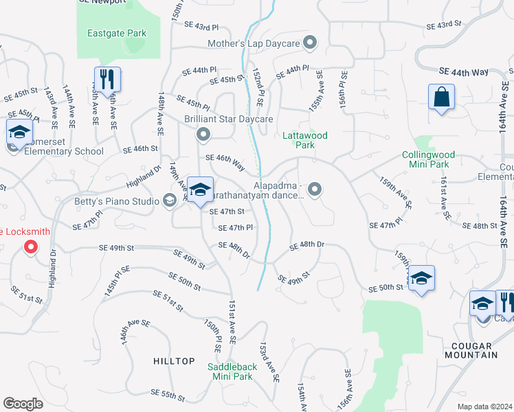 map of restaurants, bars, coffee shops, grocery stores, and more near 4684 152nd Place Southeast in Bellevue