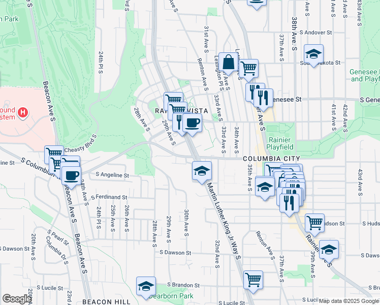 map of restaurants, bars, coffee shops, grocery stores, and more near 4701 Martin Luther King Junior Way South in Seattle