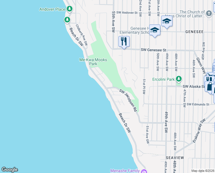map of restaurants, bars, coffee shops, grocery stores, and more near 4652 Beach Drive Southwest in Seattle