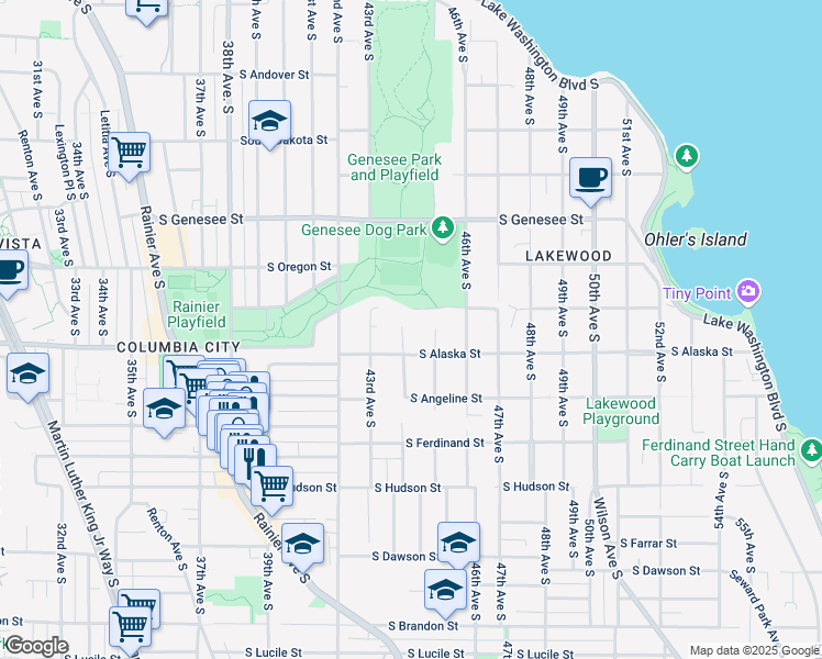 map of restaurants, bars, coffee shops, grocery stores, and more near 4319 South Alaska Street in Seattle